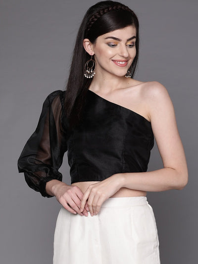 Women Black One-Shoulder Solid Crop Top - Inddus