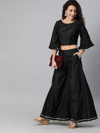 Women Black & Silver-Toned Embellished Top with Palazzos - Inddus.in