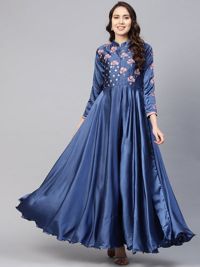 Women Blue Embroidered Detail Maxi Dress - Inddus