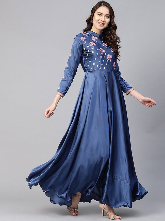 Amusing Women Blue Embroidered Detail Maxi Dress–