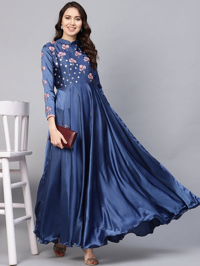Women Blue Embroidered Detail Maxi Dress - Inddus