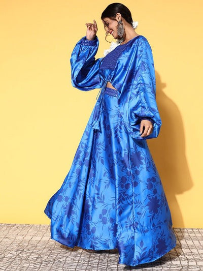 Women Blue Floral Printed Embellished Yoke Design Top Skirt - Inddus.in