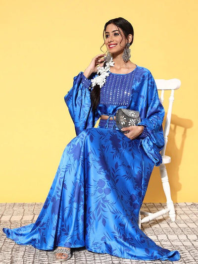Women Blue Floral Printed Embellished Yoke Design Top Skirt - Inddus.in