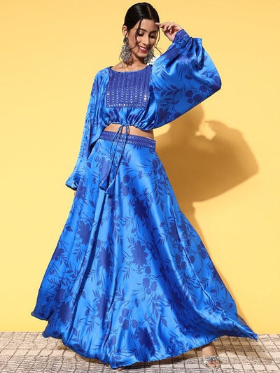 Women Blue Floral Printed Embellished Yoke Design Top Skirt - Inddus.in