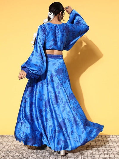 Women Blue Floral Printed Embellished Yoke Design Top Skirt - Inddus.in