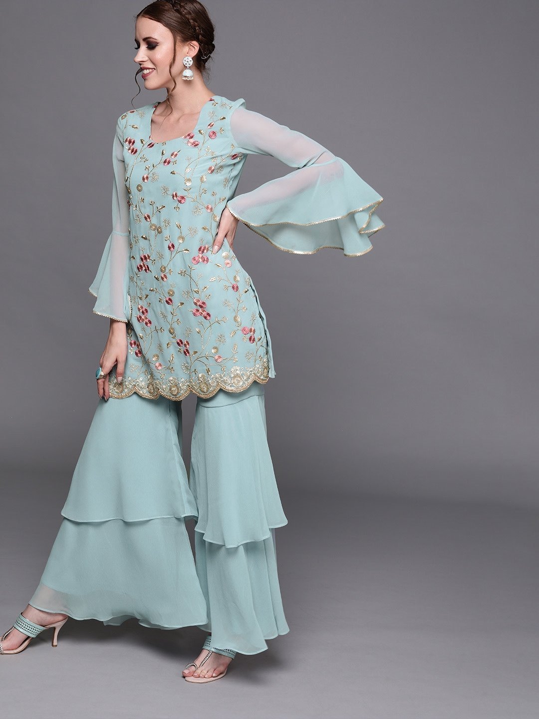 Lavender Chiffon Double Frill Sleeves Chikan Kurti