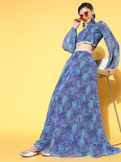 Women Blue Printed Top with Skirt - Inddus.in