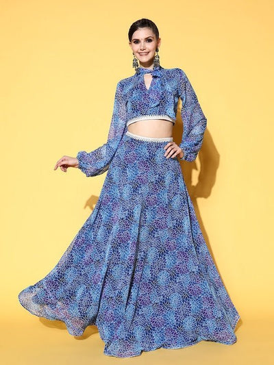 Women Blue Printed Top with Skirt - Inddus.in