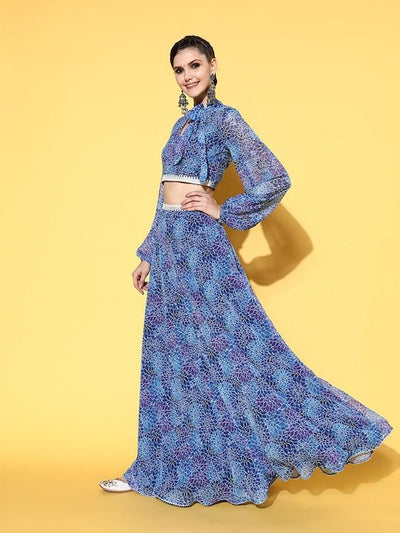 Women Blue Printed Top with Skirt - Inddus.in