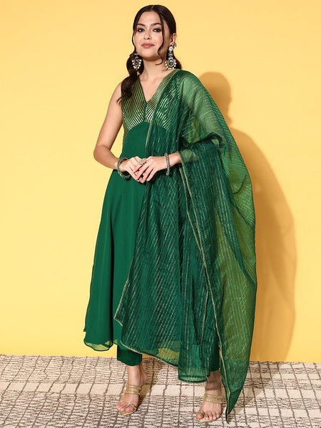 Women Bottle Green Woven Design Brocade Kurta with Trouser Dupatta