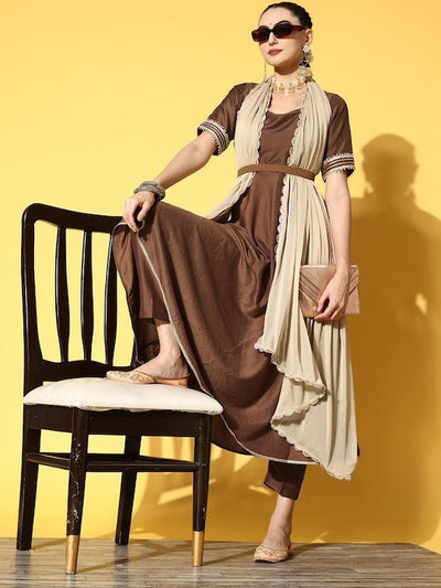 Women Brown Kurta with Trousers & With Dupatta - Inddus.in