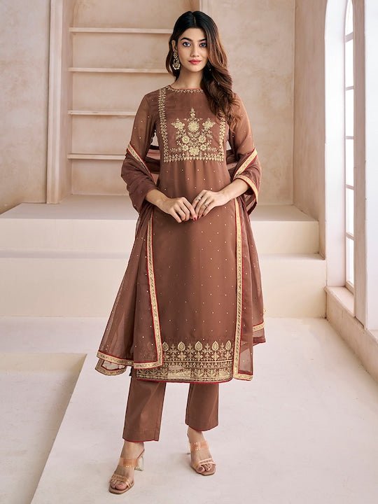Women Brown Zari and Mukaish Embroidered Yoke Design Stright Kurta