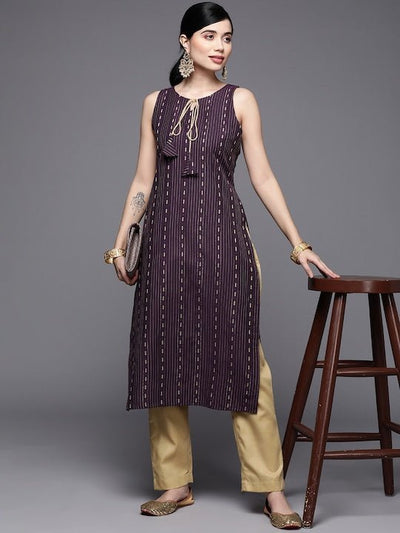 Women Burgundy & Gold-Toned Printed Kurta with Trousers - Inddus.in