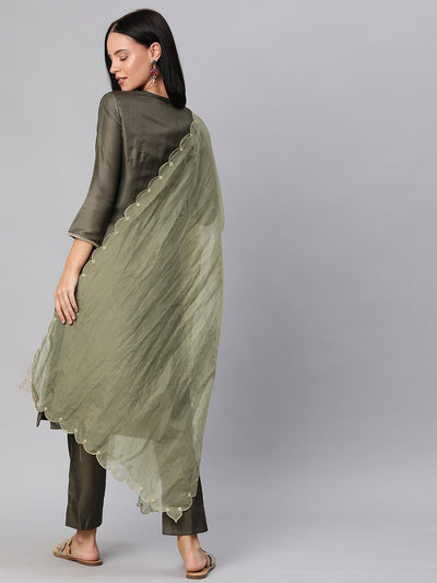 Women Charcoal Grey Embroidered Kurta with Trousers & Dupatta - Inddus
