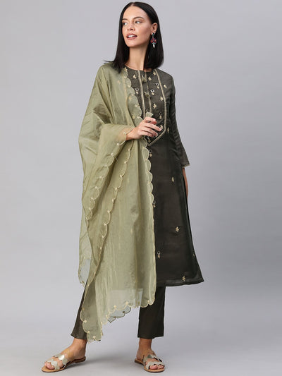 Women Charcoal Grey Embroidered Kurta with Trousers & Dupatta - Inddus