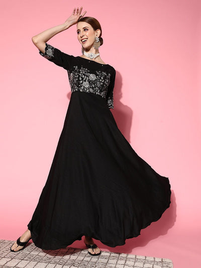 Women Classic Black Floral Ethereal Embroidery Dress - Inddus.in
