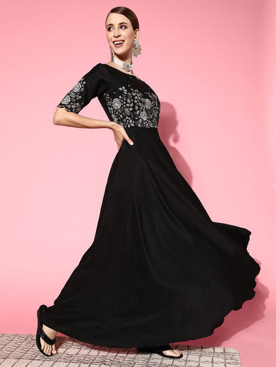 Women Classic Black Floral Ethereal Embroidery Dress - Inddus.in