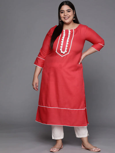 Women Coral Red Solid Yoke Design Lace Inserts Straight Kurta - Inddus.in