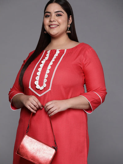 Women Coral Red Solid Yoke Design Lace Inserts Straight Kurta - Inddus.in