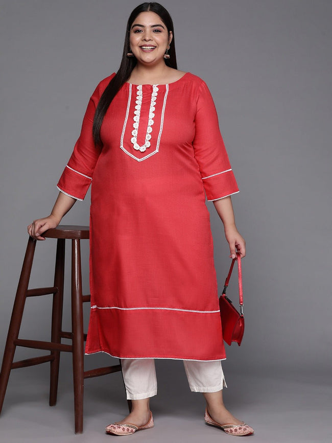 Women Coral Red Solid Yoke Design Lace Inserts Straight Kurta