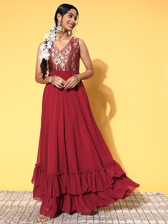 Women Deep Maroon Silk Ruffled Ethnic Dress Women Deep Maroon Silk Ruffled Ethnic Dress