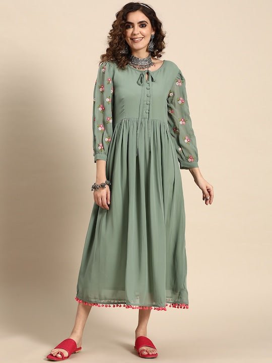 Embroidery A-Line Button Detail Dress | Embroidery Dress Inddus.in