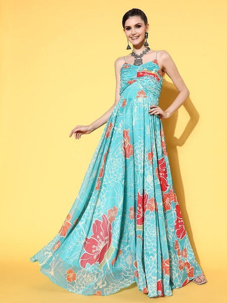 Embroidered Chinon Silk Gown With Jacket in Sea Green : TNM16