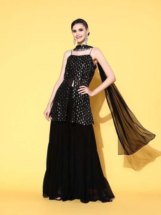 Women Ethnic Motifs Poly-Georgette Shimmer & Sequin Kurta Set Inddus.in