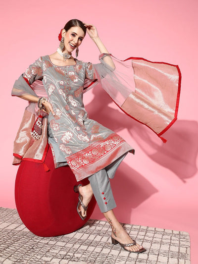 Women Floral Silk Blend Ethereal Embroidery Kurta Set - Inddus.in