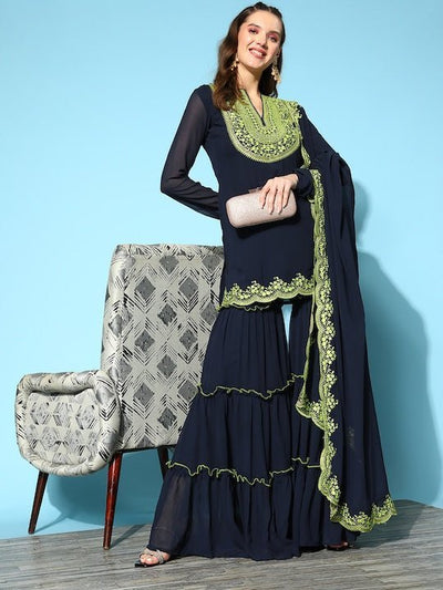 Women Floral Yoke Design Thread Work Kurti With Sharara & With Dupatta - Inddus.in
