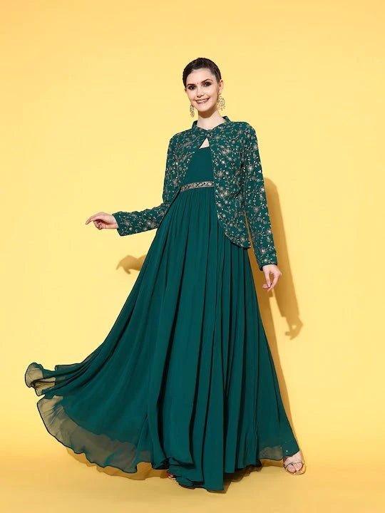 Women Gorgeous Green Georgette Elevated Gown–