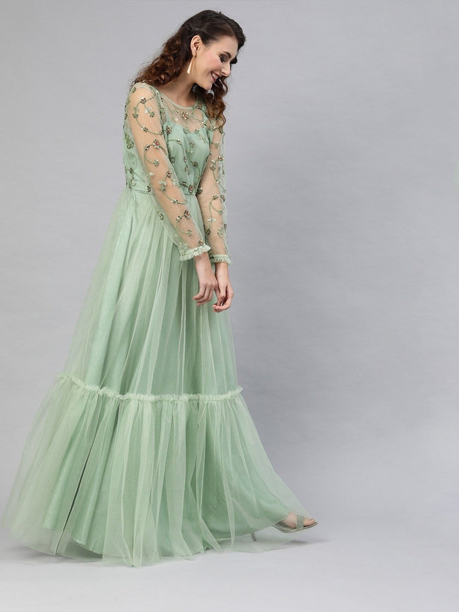 Impressive Women Green Embellished Net Semi Sheer Maxi Dress