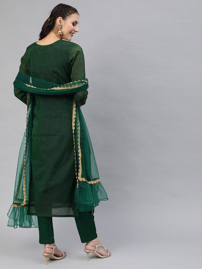 Women Green Embroidered Kurta with Trousers & Dupatta - Inddus