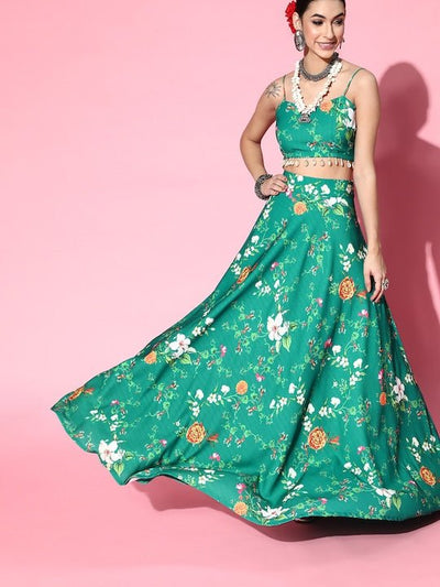 Women Green Floral Printed Top with Skirt - Inddus.in