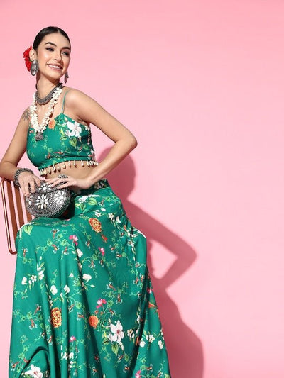 Women Green Floral Printed Top with Skirt - Inddus.in