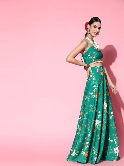 Women Green Floral Printed Top with Skirt - Inddus.in