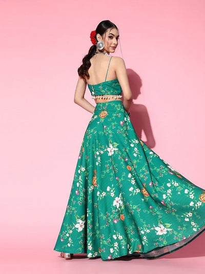 Women Green Floral Printed Top with Skirt - Inddus.in