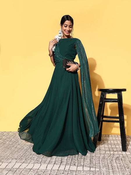 Women Green Georgette Volume Control Ethnic Dress Inddus.in