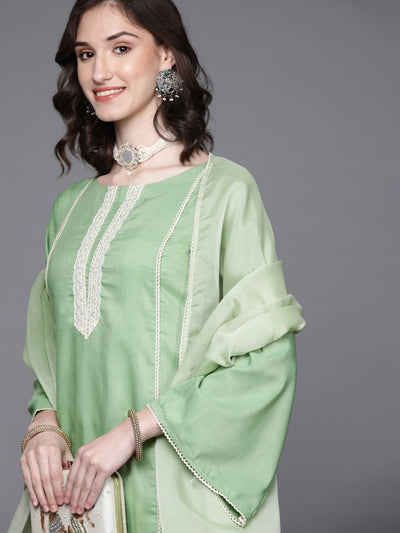 Women Green Kurta with Trousers & With Dupatta - Inddus.in
