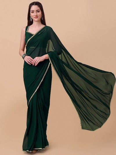 Women Green Solid Georgette Saree with Blouse Piece - Inddus.in