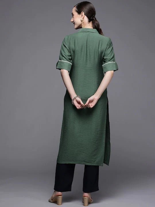 Women Green Solid Pathani Kurta Inddus.in