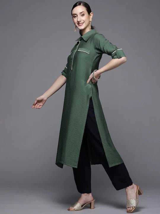 Women Green Solid Pathani Kurta Inddus.in
