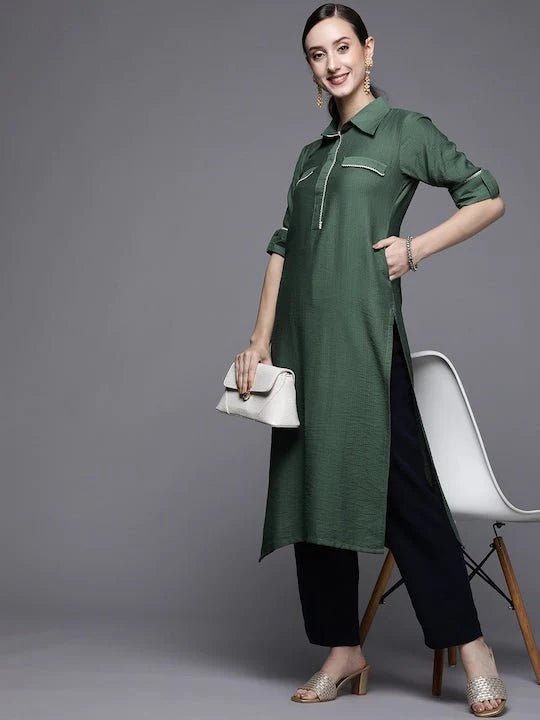 Women Green Solid Pathani Kurta Inddus.in