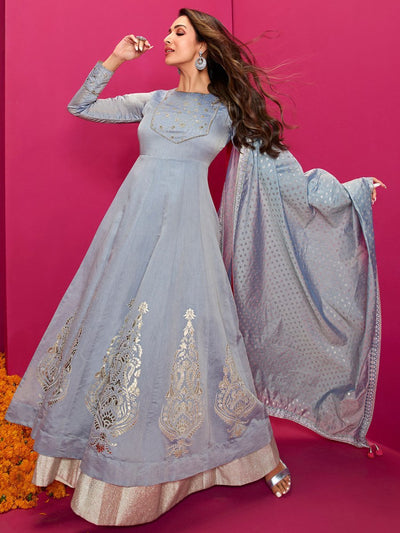 Women Grey Ethnic Motifs Grandeur & Majestic Artwork Anarkali Kurta - Inddus.in