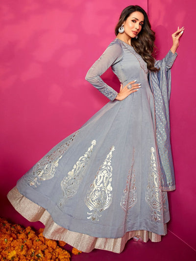 Women Grey Ethnic Motifs Grandeur & Majestic Artwork Anarkali Kurta - Inddus.in
