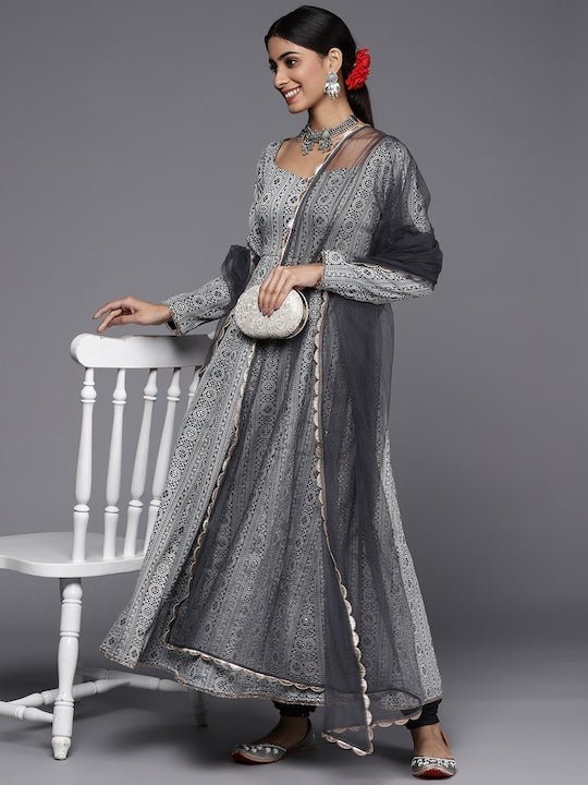 grey ethnic dress Andaaz Fashion Women's Embroidered Organza Grey Wedding Anarkali Suit