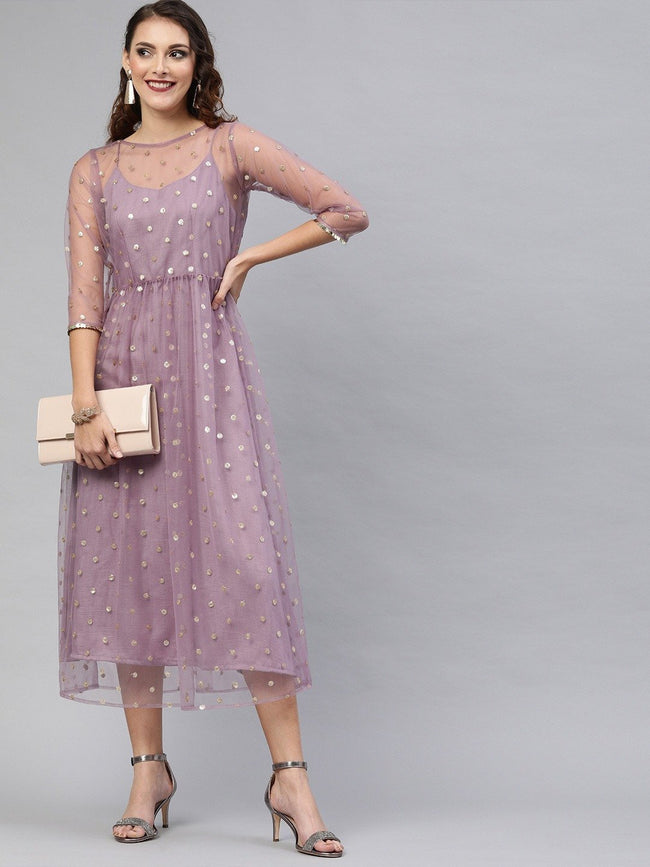 Outstanding Women Lavender Sequined Embellished Net Semi-Sheer Fit and Flare Dress Inddus.in Outstanding Women Lavender Sequined Embellished Net Semi-Sheer Fit and Flare Dress Inddus.in