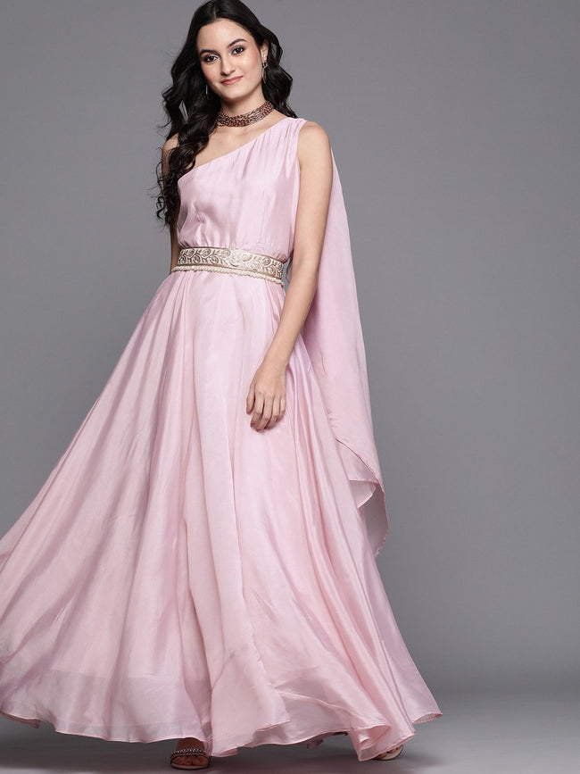 Pink Sculpted One-shoulder Embroidered Silk Wedding Reception Gown  [product_title] | OORVI DESAI | Designer Indian Wedding Dresses in London
