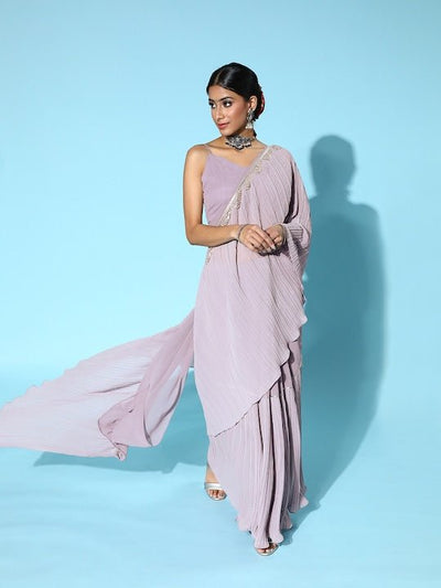 Women Lilac Solid Accordian Pleated Saree with Embellished Detail - Inddus.in