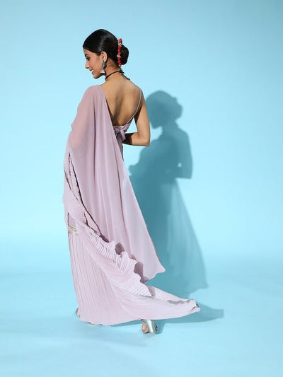 Women Lilac Solid Accordian Pleated Saree with Embellished Detail - Inddus.in